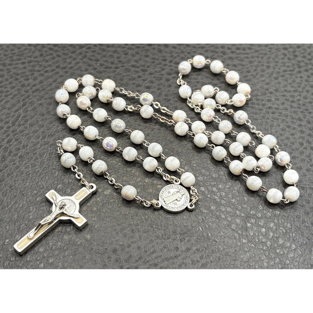 VTG Rosary Beads Iridescent White Beads Crucifix Enamel Cross Silver Tone